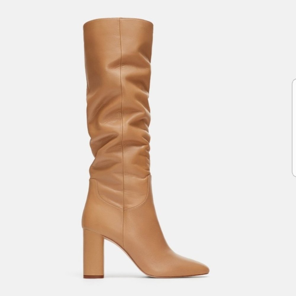 Zara Camel Knee-high Leather Heeled Boots